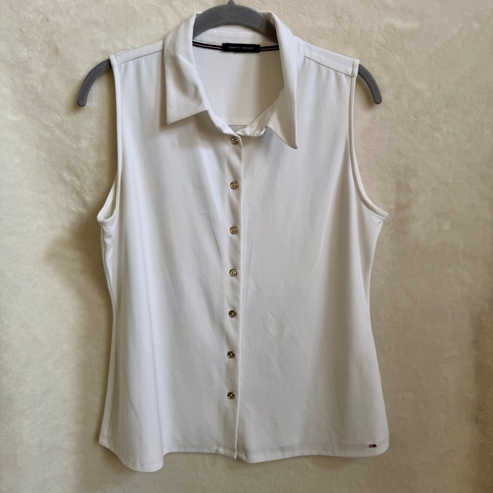 Tommy Hilfiger Women White Sleeveless Collared Button Front Blouse Est Sz L